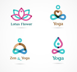 Collection of yoga icons, elements and symbols