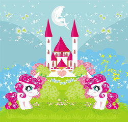 Card with a cute unicorns and magical castle