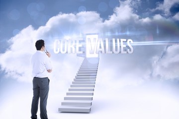 Core values against open door at top of stairs in the sky