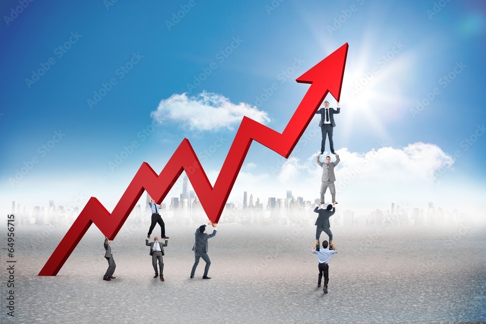 Poster composite image of business team holding up arrow