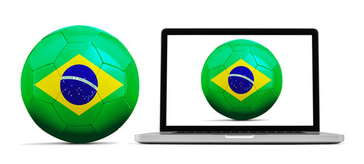 Laptop isolated on white with a ball from Brazil
