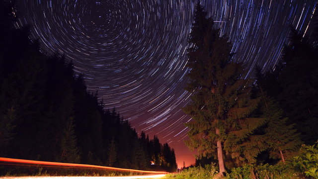 Star trails in forest road - moving stars timelapse