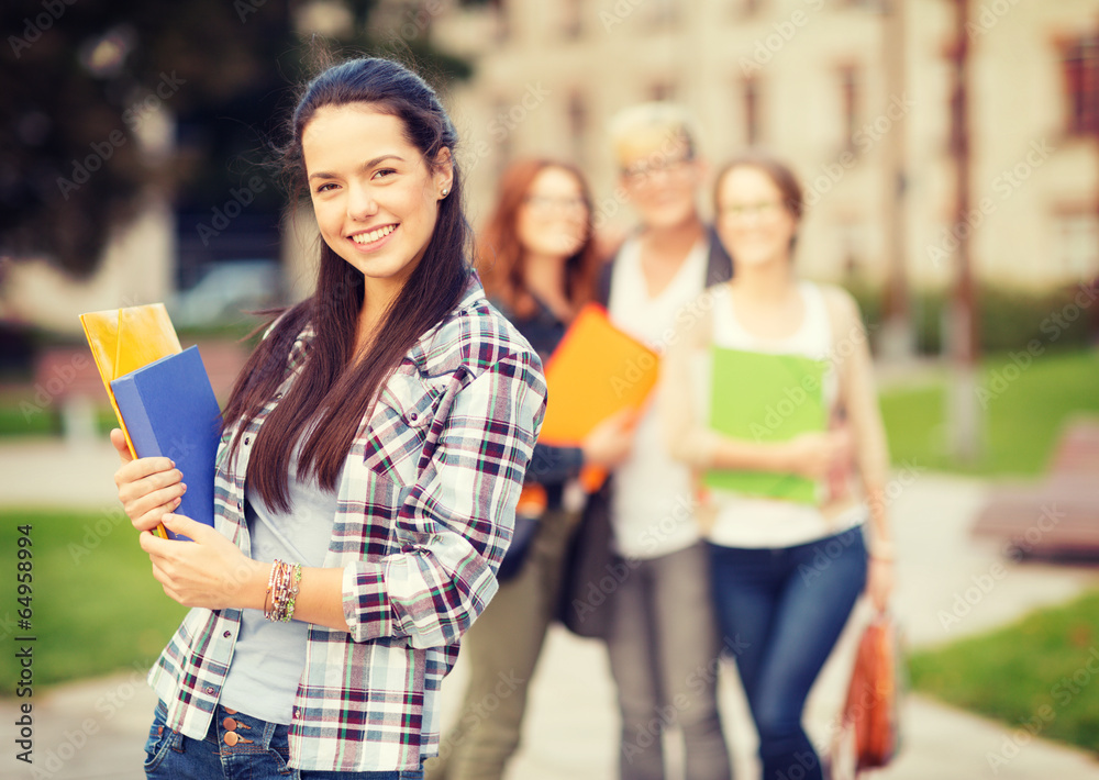 Poster teenage girl with folders and mates on the back