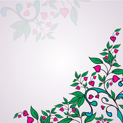 Vector ornament with green leaves and hearts