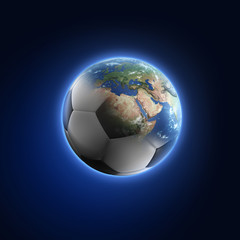Soccer ball transforming into Earth on dark background