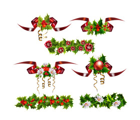 Naklejka premium Merry Christmas decorative holly and flowers elements