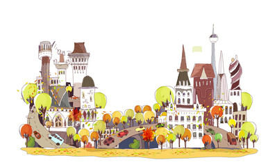 Autumn in the city, City background with busy city streets