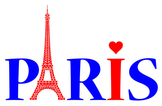 Paris with love hearts and Eiffel Tower made by red hearts
