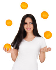 Girl Juggling Oranges White T-shirt and Background