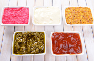 Various sauces on table close-up