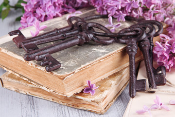 Beautiful composition with old keys and old books