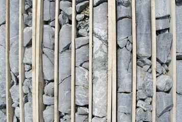 Detail of drill core in the boxes ready for logging