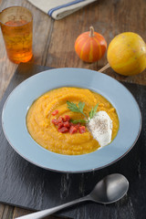 Pumpkin soup with chorizo
