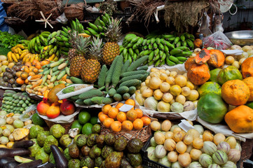 Pineapple-banana hybrid among other Madeira fruits, Funchal trad