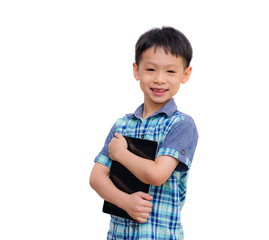 Little asian boy smiles with tablet computer on white background