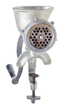 old iron meat mincer isolated on white
