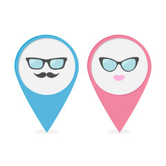 Map pointer  with lips, mustaches and glasses. Round marker set.