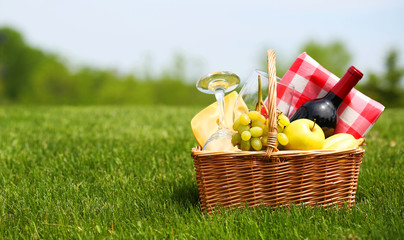 Picnic basket on green field