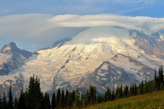 Mt. Rainier With Lenticular Clouds On A Windy Day