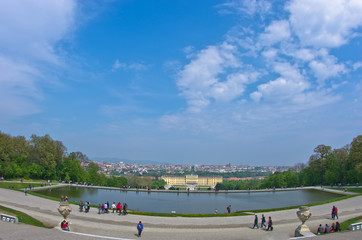 Wide angle cityscape view of Vienna from Gloriette at Schenbrunn
