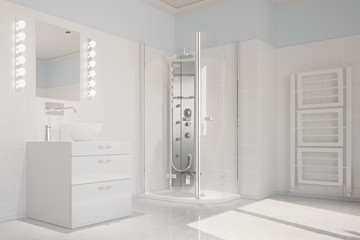 Fototapeta na wymiar Weißes Bad mit Dusche und Waschbecken