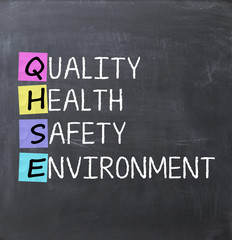 Fototapeta na wymiar Quality health safety and environment text on blackboard