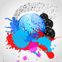 Music Background with Discoball, Speakers and Spots - Vector