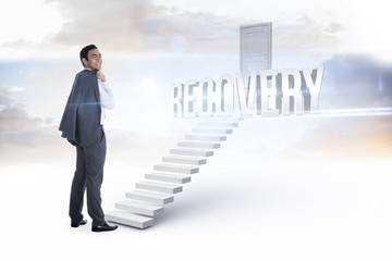 Recovery against white steps leading to closed door