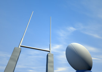Rugby Ball Closeup Infront Of Posts - obrazy, fototapety, plakaty