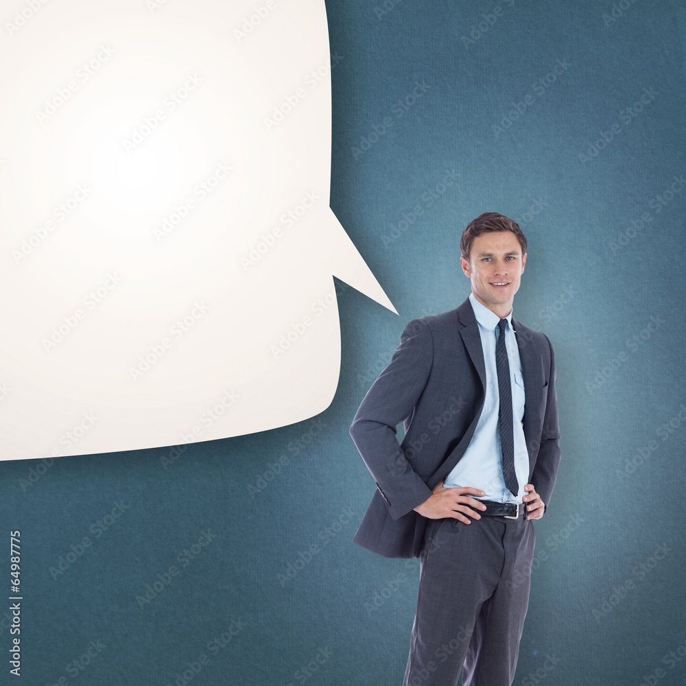 Poster composite image of smiling businessman with hands on hips