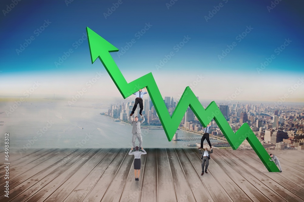Poster composite image of business team holding up arrow