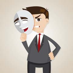 cartoon angry businessman under happy mask