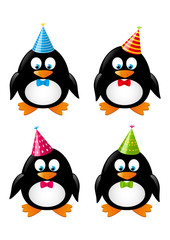 Set of funny penguins with party hats