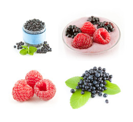 Raspberries and blueberries on white background. Fruit smoothie.