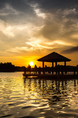Water gazebo and sunset at a lake in Putrajaya, Malaysia