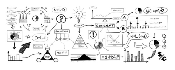 Black and white collage of many different business elements