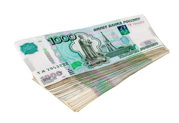 Stack of russian rubles bills isolated on white background