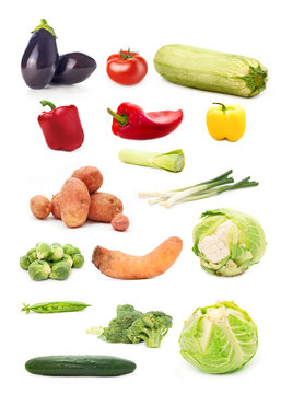 Collection of seasonal vegetable images isolated on white backgr