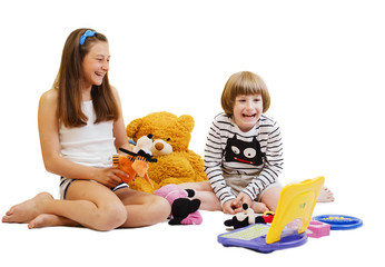 10-12 years girl and boy playing with toys 5-6 years