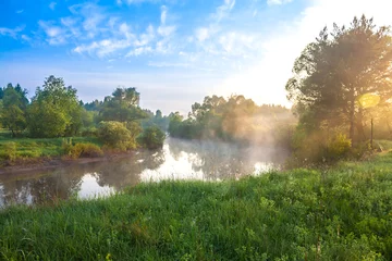 Foto op Plexiglas summer landscape with sunrise over the river © yanikap