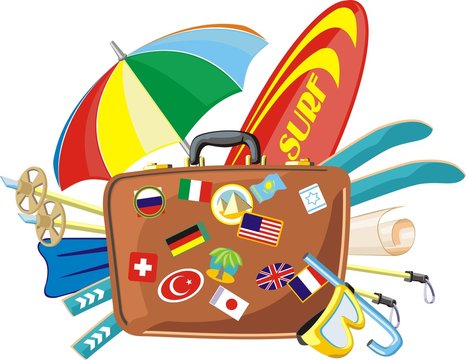 tourist valise with different accessory for journey