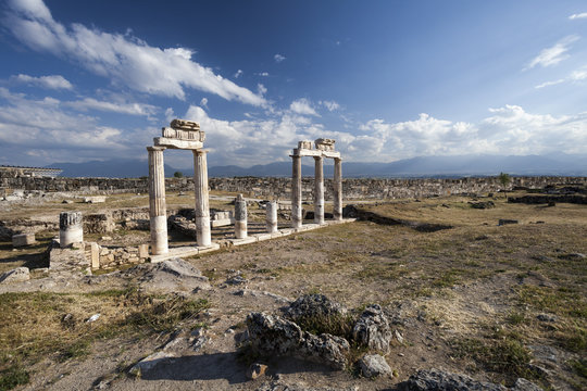 Ruins on ancient city in Hierapolis, Pamukkale, Turkey