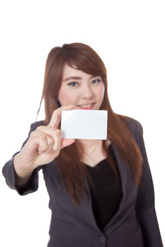 Asian Businesswoman show a blank card focus on the card