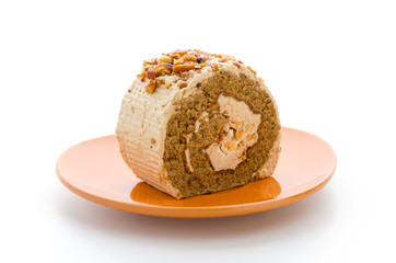 Roll coffee cake isolated on white background