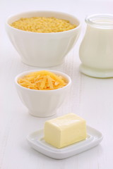 Gourmet macaroni and cheese ingredients.