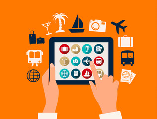 Hands touching a tablet with vacation and travel icons. Vector.