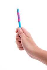 hand holding a pen on white background
