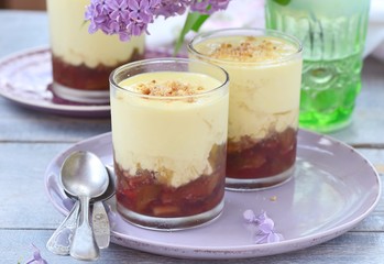 rhubarb dessert with creme anglaise