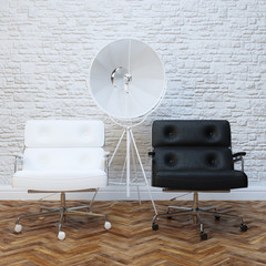 White Brick Wall Office Interior With Two Leather Armchairs