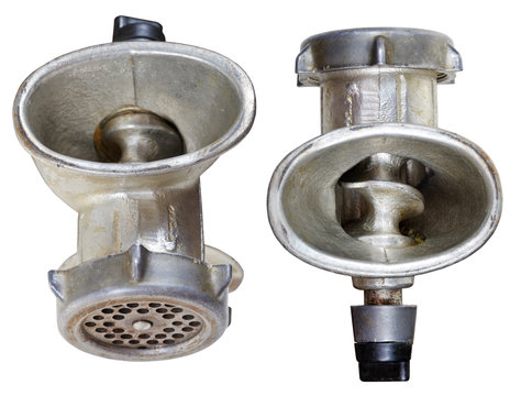 set of top views of old iron meat mincer